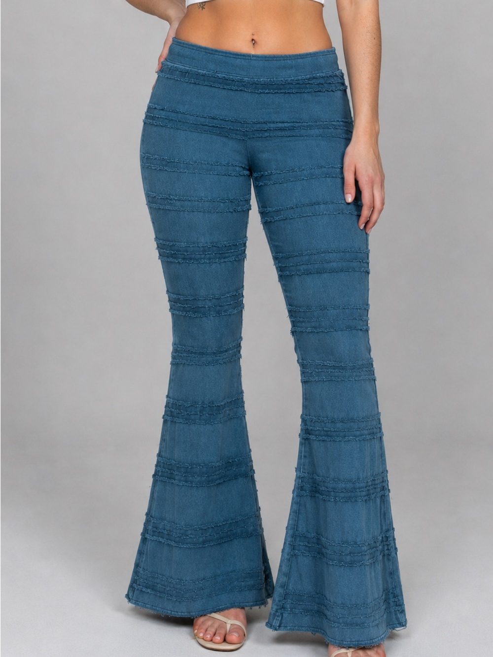 TParty Teal Washed Bell Bottom Flare Pants Frayed Boho Festival Small